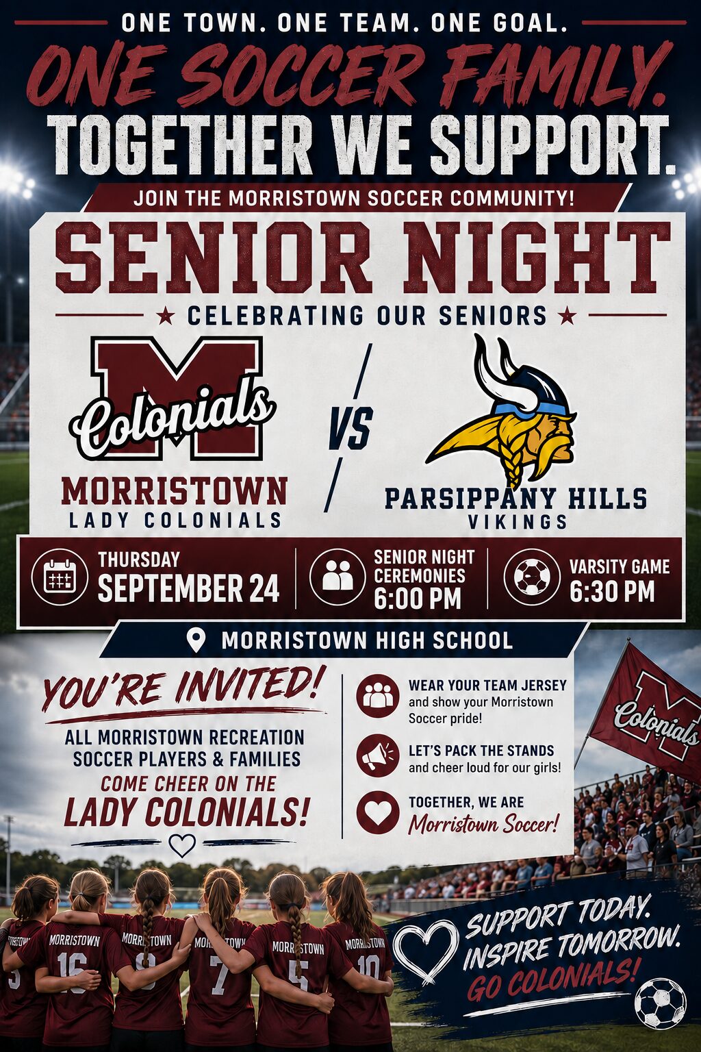 Senior Night graphic: Morristown Lady Colonials vs. Parsippany Hills Vikings, Thursday, September 24 at Morristown High School. Senior Night ceremonies at 6:00 PM, varsity game at 6:30 PM. All Morristown recreation soccer players and families are invited to wear their team jerseys and pack the stands.